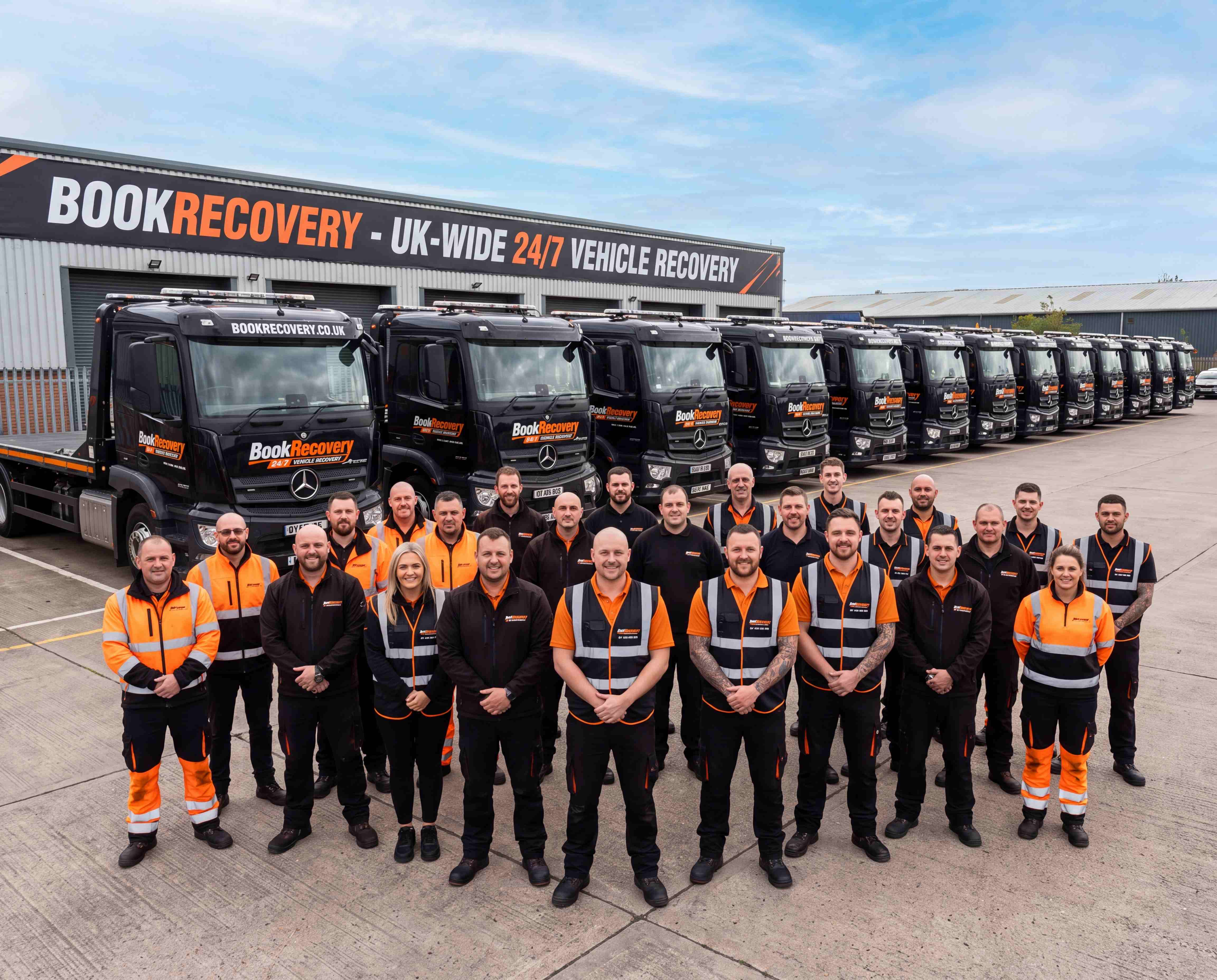 The BookRecovery 24/7 team with recovery trucks providing UK-wide vehicle recovery