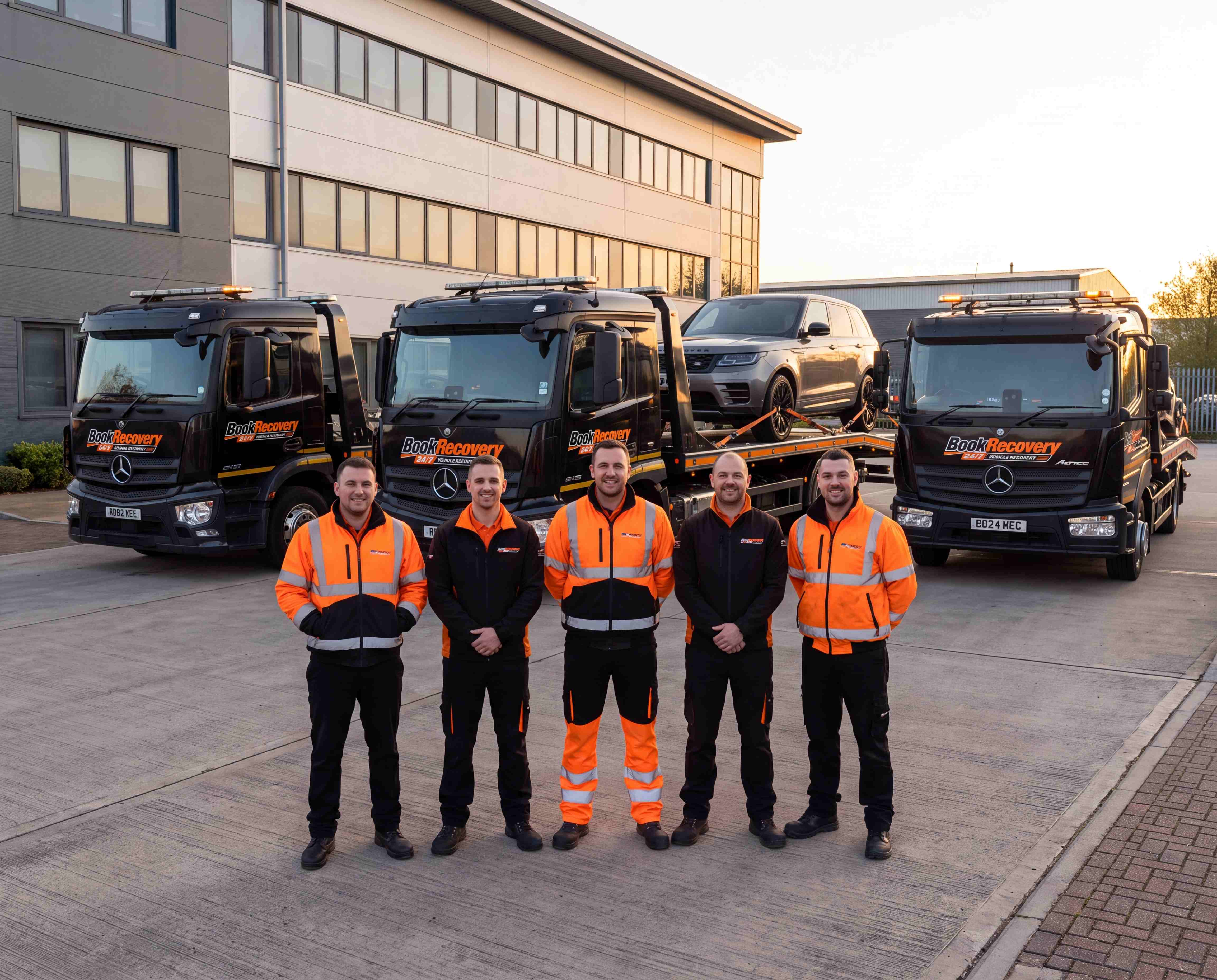 The BookRecovery 24/7 team beside their Mercedes recovery trucks and vans